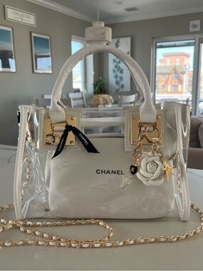 Custom Upcycled Chanel Beauté Clear Bag w Authentic Charms, Ribbon & Makeup Bag